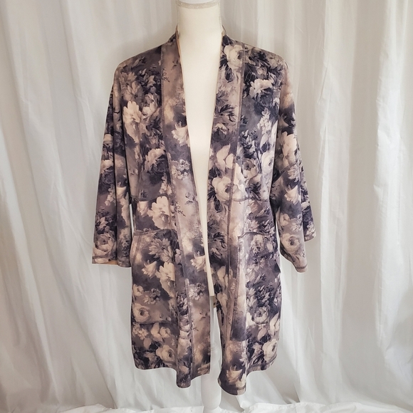 Anthropologie Solitaire Jacket Cardigan Womens Med. Faux Suede Floral Gray Open - Picture 1 of 10